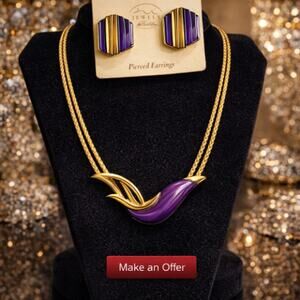 Vtg Park Lane Ladies Choice Purple Gold Necklace Pierced Earring Set 1980's NEW